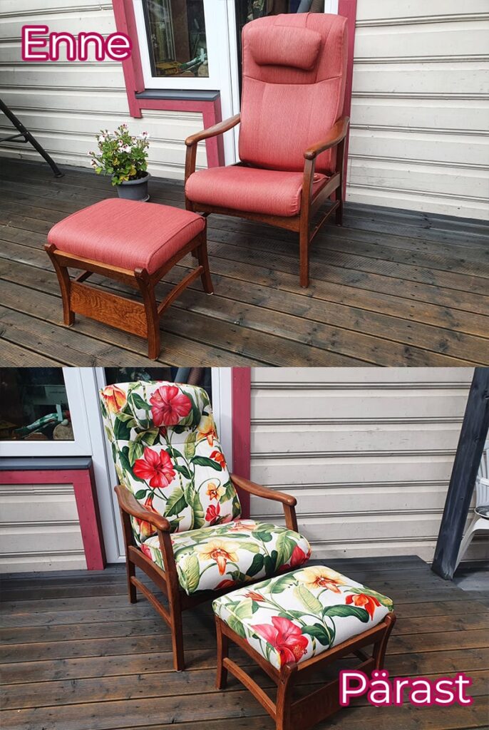 Skandinaavia stiilis tugitool ja järi, katteriide vahetus.